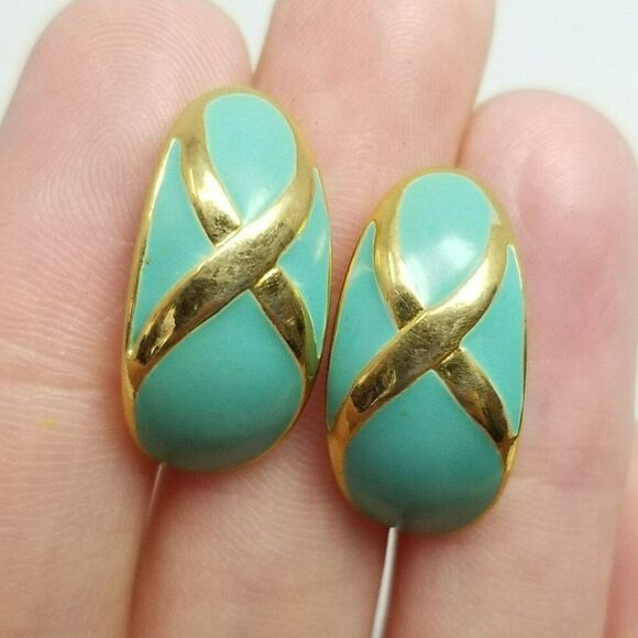 Vintage Blue Enamel and Gold Tone X Design Stud Earrings, 80s 90s Style - Picture 1 of 6
